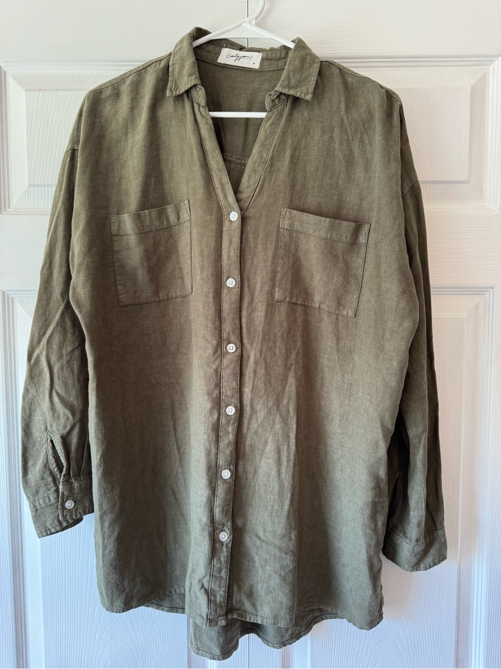 Carly Jean Los Angeles Green Linen Blend Button Shirt